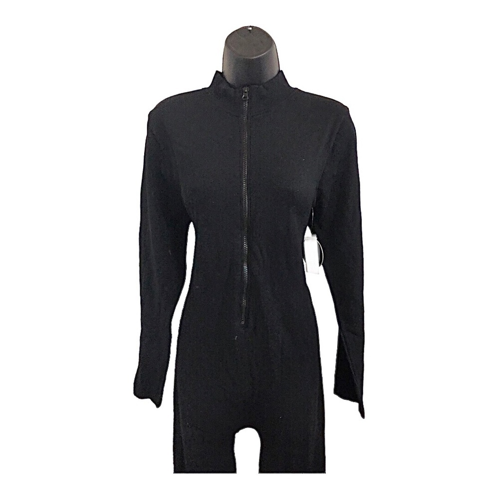 Black full zip ribbed long sleeve stretch plus size jumpsuit bodysuit size 1X/2X